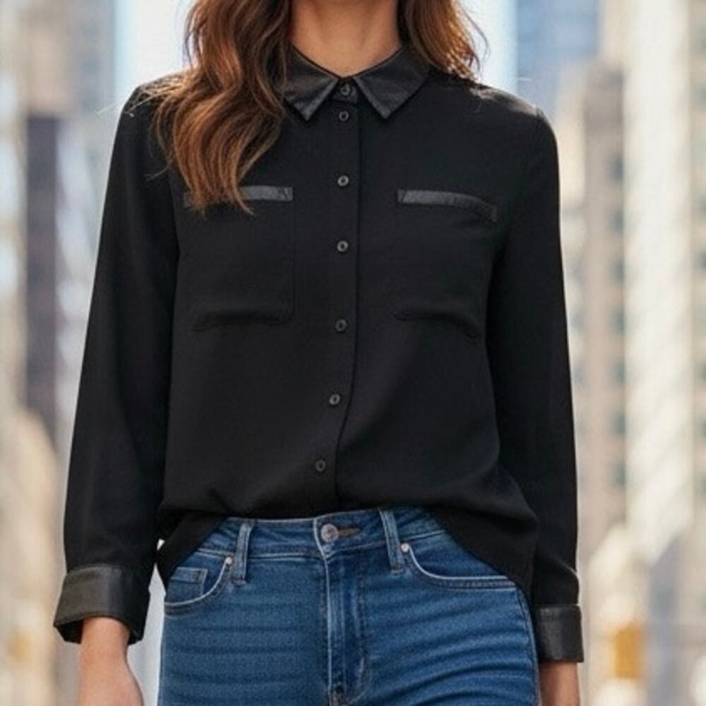 Laundry by Shelli Segal Button down sheer blouse with faux leather trim size Med